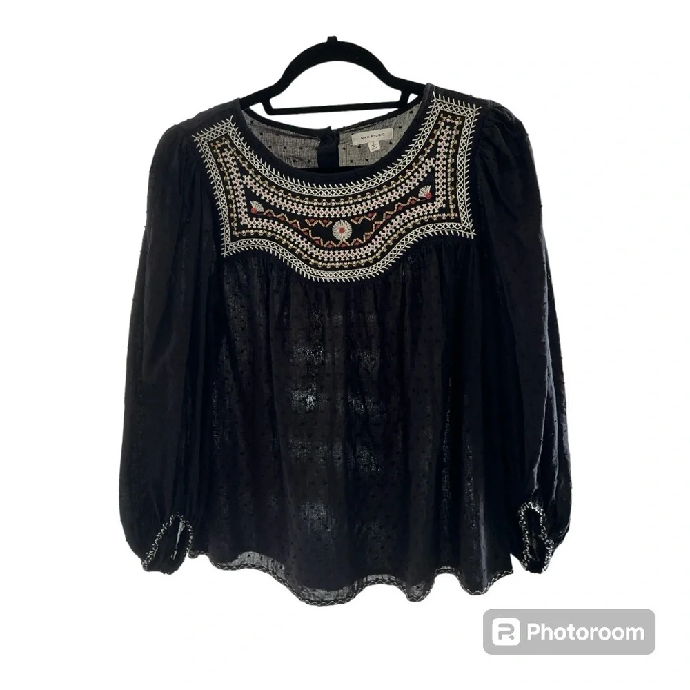 Max Studio black boho Swiss dot embroidered top Small - Picture 1 of 5
